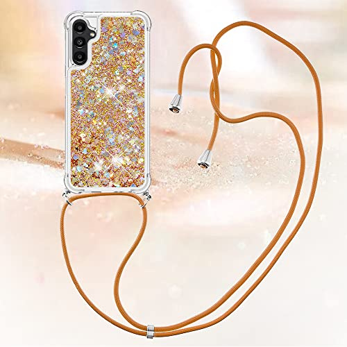IMIRST Lanyardfodral kompatibelt med Samsung A14 Bling flytande glitter silikonskal stötsäkert Kawaii-skydd med sladd halsband fodral för Samsung Galaxy A14 4G/5G. LP Kärlek Guld