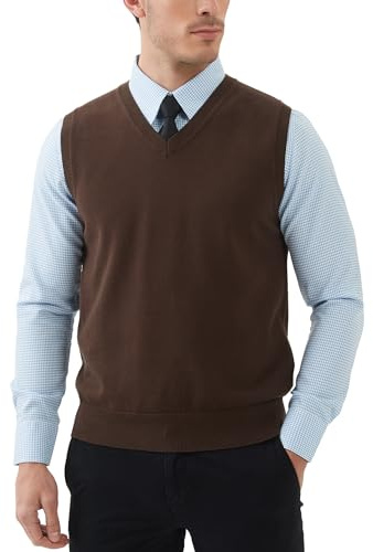 Kallspin Uomo Cotone Senza Maniche Maglie con Scollo a V Gilet in Maglia Pullover dal Taglio Rilassato(Marrone, L)
