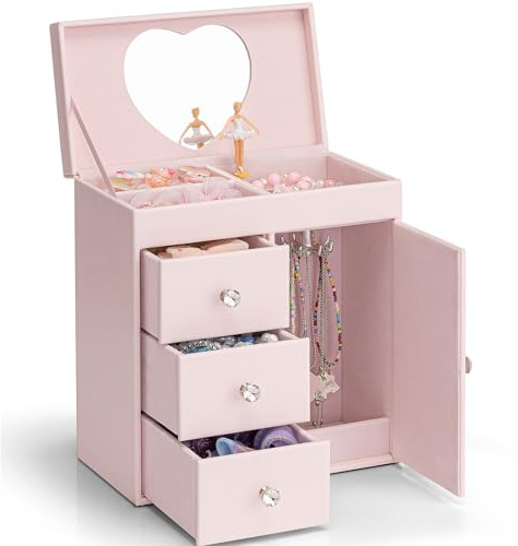 Vlando Musical Jewelry Box for Girls - Valentines Day Gift for Kid - Large Kid Music Box with Ballerina for Birthday Bedroom Decor, 4 Layer Girl Jewelry Gifts for Girls Kids - Light Pink
