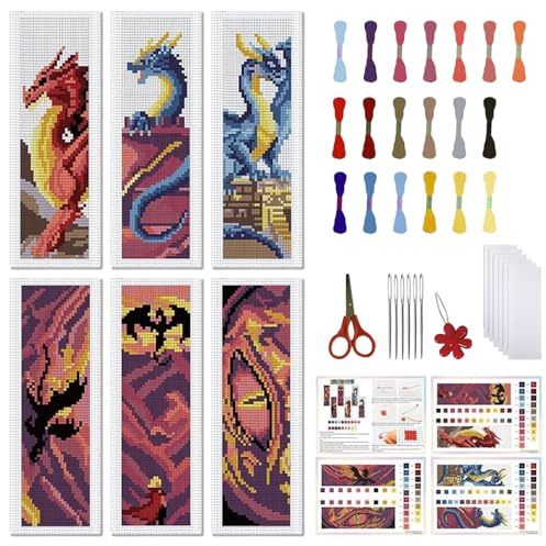 FREEBLOSS 6 juegos de marcapáginas de punto de cruz, juego de punto de cruz estampado con 6 patrones diferentes de dragón, juego de bordado con instrucciones, juego de marcapáginas DIY como regalo