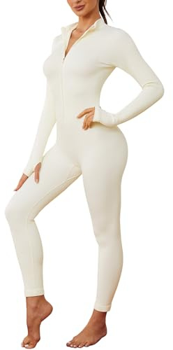 Svanco Combinaison Moulante Femme - Manches Longues, Côtelé, À Fermeture Éclair, Ensembles Sportswear Une Pièce pour Yoga et Fitness