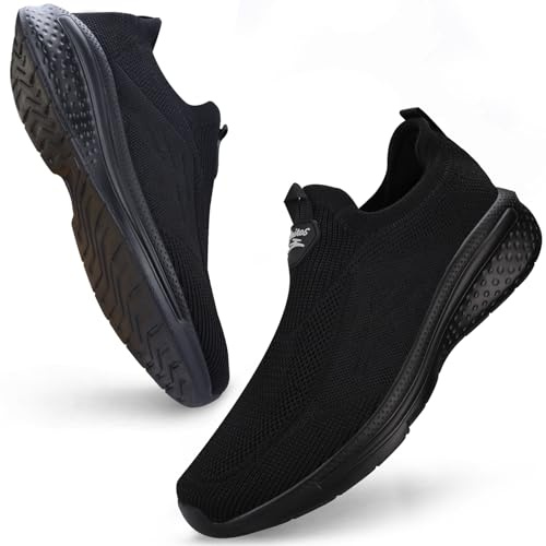 Giniros Mens Slip On Trainers Casual Trainers Shoes Breathable Running Walking Sneakers Lightweight Tennis Shoes Soft Comforble Mesh Gym Workout Sneakers, Black UK 11