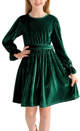 Naiyafly Vestido de manga larga para niña, de terciopelo, cuello redondo, midi otoño, invierno, vintage, vestido festivo para niños, adolescentes, niñas, vestido de fiesta de Navidad, vestidos