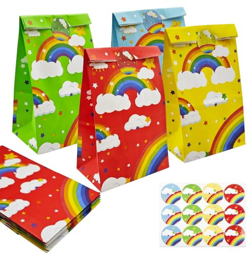 12Stk Farbige Geschenktüten, 13x8x21.5cm Regenbogen Bonbon Tüten, Flachem Boden Geschenktüten, Lebensmitteltüten mit Aufklebern, Partytüten aus Kraftpapier, Bunte Papiertüten für Kindergeburtstag