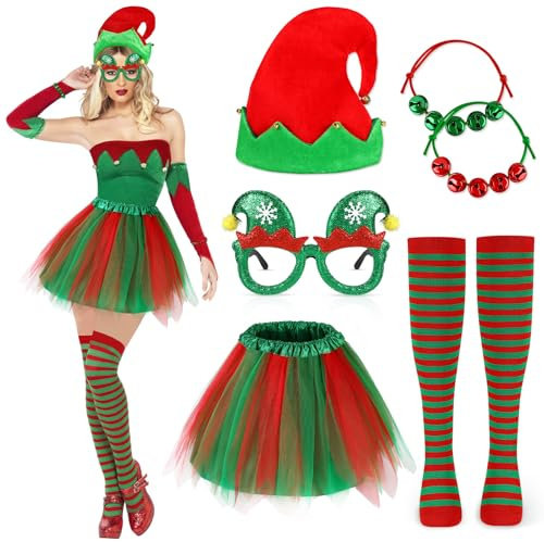 Beipegin Elf Costume Women Elf Hat Tutu Skirt Hat Christmas Glasses Striped Stockings Santa Claus Costume Christmas Outfits for Women