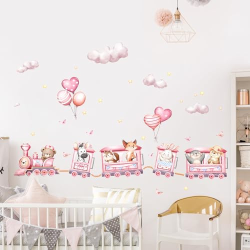 Decvictor Stickers Muraux Enfants Train d'animaux rose Autocollant Mural Safari Ours Lapin Zèbre en sortie Decoration Chambre Bebe Fille Le Salon Pépinière Mur