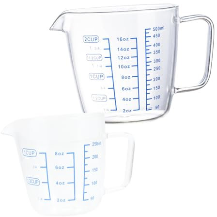 Cabilock Tazas Medidoras De Vidrio Borosilicato 250 Ml y 500 Ml, Vaso Medidor Transparente Graduación, Resistente Al Calor Para Repostería, Leche y Café, Set De 2 Piezas