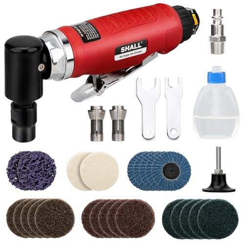 SHALL Right Angle Die Grinder, 90 Degree, 1/4 & 1/8 Collets, 24PCS Sanding Discs, Air Connector, Lubricant and Chuck Key Included, for Grinding, Polishing, Deburring, Engraving and Rust Removal