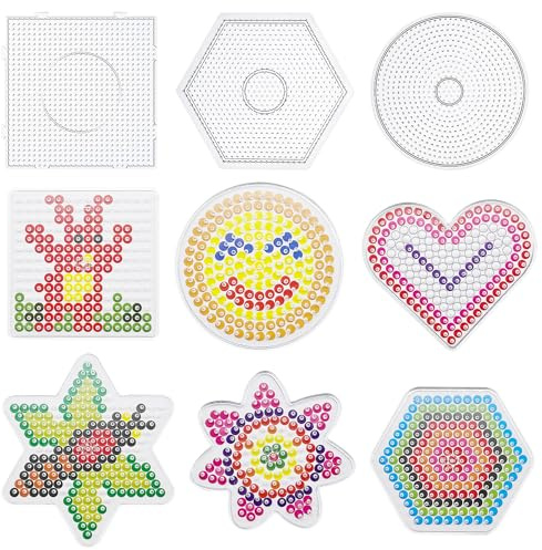 Allazone Plaques de Perles à Repasser, Transparentes en Plastique de 5 mm Panneaux Perforés pour Perles pour Cadeaux, Garçons, Filles (9 PCS Formes Mixtes)