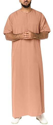 RUMAOZIA Abbigliamento musulmano Uomo Caftano Cotone Lino Manica Corta Abaya Maxi Abito Camicia Da Notte Retro Arabi Abbigliamento Islamico Preghiera Abbigliamento per Uomo Etnico Ramadan Robe, cachi