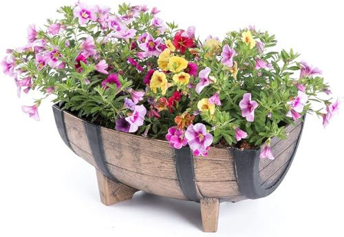 CMLLING Rustic Half Barrel Planters, Weather Resistant Decorative Accent with Removable Drain Screen