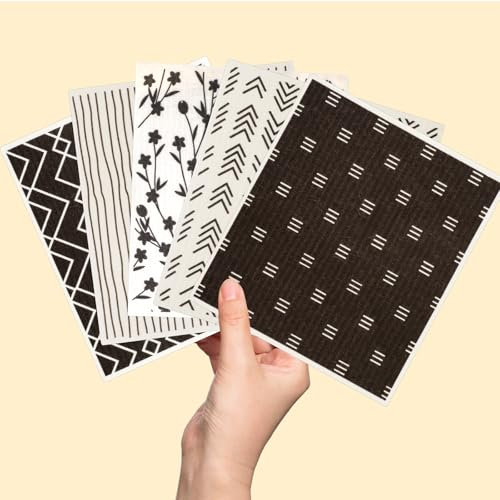 YBEATY 5 Pcs Swedish Dishcloths for Kitchen Geometric Washable Dish Cloth Rags Cellulose Reusable Cleaning Paper Towels Non-Scratch Super Absorbent Counter Cloth Wipes for Washing Dishes No Odor