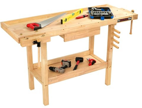 The Workplace Depot Wooden Workbench – Heavy-Duty Workstation with Rapid-Action Vices & Integrated Storage, Ideal for DIY, Carpentry & Professional Workshops