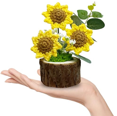 YUNBIAOSEN Handmade Crochet Sunflower Flower Potted Plants–Knitted Floral Decor for Office Desk, Car Dashboard, Unique Birthday Gifts for Women, Mom, Teacher (Three Sunflower)