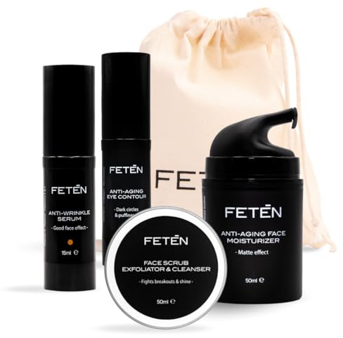 FETEN Set 360 Cura Viso Uomo – Kit Regalo Uomo 4 in 1 con Esfoliante, Siero Antiage con Vitamina C, Crema Idratante e Contorno Occhi Antiocchiaie