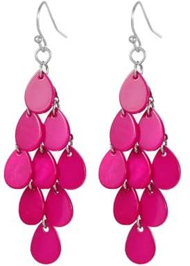 Xalroco Boho Colorful Sea Shell Teardrop Earrings Long Layered Rhombic Drop Earrings Statement Summer Beach Cluster Dangle Earrings Jewelry Gift (fuchsia pink)