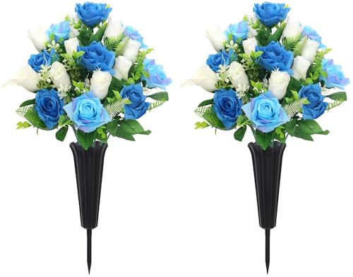 QSBOFOST Grave Decorations for Cemetery Artificial Memorial Roses Flowers Bouquets with Vases for Outdoor Grave Decorations Long-Lasting (Blue)
