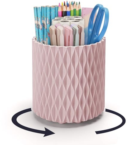 minimaliving Desk Organiser,Stylish Rhombus Pen Holder for Desk 360°Rotating Office Desk Accessories,Pencil Pot with 5 Compartments Storage Box Caddy for Office,School,Home,Art Supply(Dark Pink)