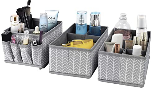 VERONLY Cosmetic Storage Bins Makeup Organizer, Adjustable Multifunction Storage Box Desk Drawer Divider for Makeup Brushes, Bathroom Countertop or Dresser, Set of 3 (Grey)