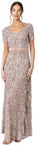 Maya Deluxe Damen Maxi Women's Embellished Sequin Long Short Sleeve V Neck High Empire Waist Cut Shiny Prom We Bridesmaid Dress, Taupe, 44 EU