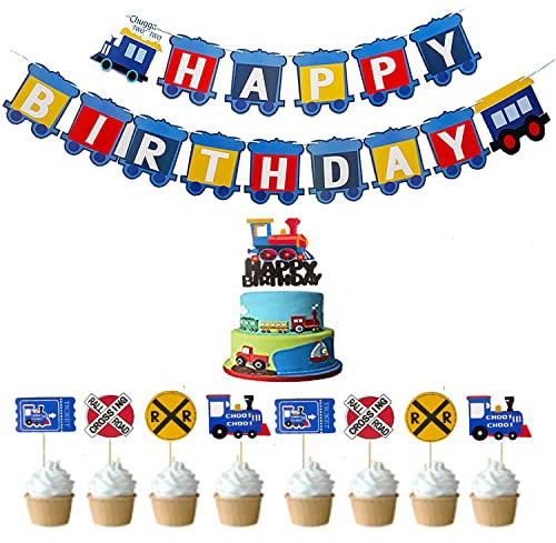 Train Happy Birthday Banner, Chugga Chugga Two Two Party, Train Theme Banner Cake Cupcake Topper for Boy Room Wall Decoration…