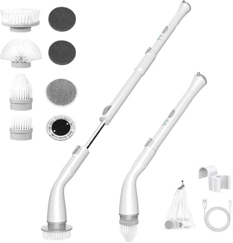 ERAVOR ER03 Pro - Cepillo de limpieza eléctrico de 2 velocidades con 7 cabezales intercambiables y barra de extensión, cepillo de limpieza inalámbrico para azulejos de baño