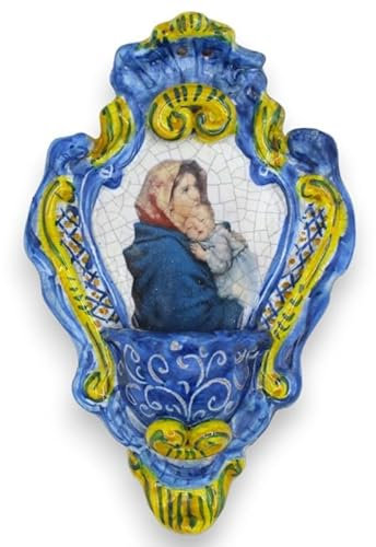 SICILIA BEDDA CAPACI Acquasantiera in Ceramica Siciliana - h 23 x L 14 cm ca. con maternità ed Effetto Craquele su Fondo Blu MD7