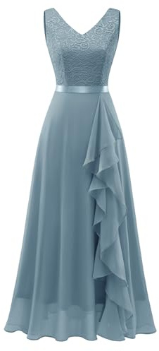 Berylove Aftonklänning för damer, lång, V-ringad, chiffong elegant vokuhila, tyllklänning, bröllopsklänning, balklänningar, Gråblå, XXL