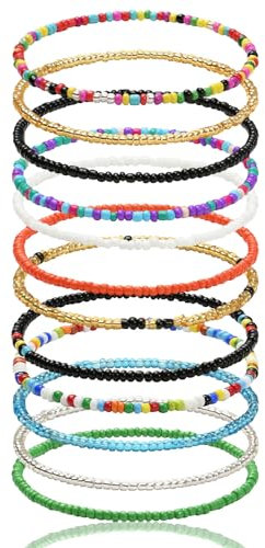 Aucuu Fußkettchen für Damen, 12 Stück Boho Handgemachte Bunte Perlen Fusskette, Verstellbare Fußkettchen Elastische, Mehrschichtige Fußschmuck für Frauen und Mädchen für Sommer Strand