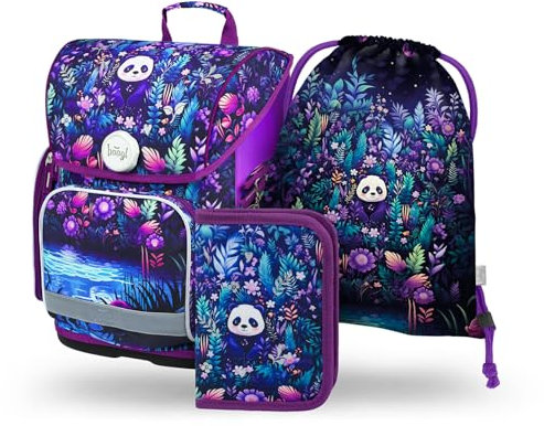 Baagl Schulranzen Jungen Mädchen Set 3 Teilig, Ergo Schultasche für 1. Klasse, Ergonomische Grundschule Ranzen Tornister mit Brustgurt (Jungle Panda)