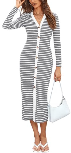 BTFBM Robe décontractée à Manches Longues pour Femme, Robes d'automne 2024, Robes midi rayées, Robes décoratives en Tricot côtelé avec Boutons, Gris, Taille S