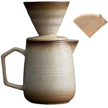 HYAXGM Cafetera de cerámica con 100 filtros de papel V60, 20 onzas/600 ml (blanco roto)