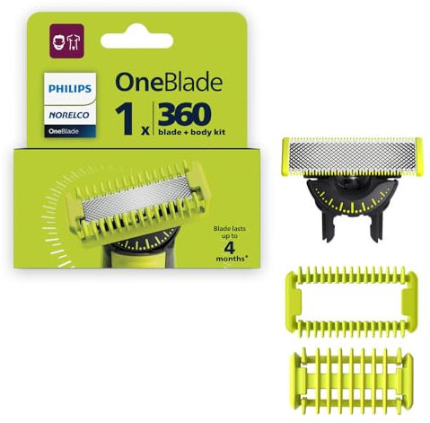 Philips Norelco OneBlade 360 Klinge, Original Ersatzklinge, Gesicht/Körper Kit, für OneBlade Elektrorasierer und Trimmer, langlebiger Edelstahl, Trimmen, Kanten und Rasieren, QP614/80