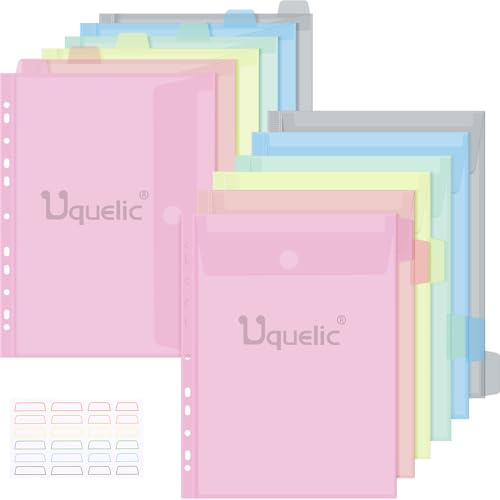 Uquelic Bolsas perforadas de plástico A4, paquete de 12 carpetas A4, carpetas de plástico para documentos con bolsillo para oficina en casa, macarons