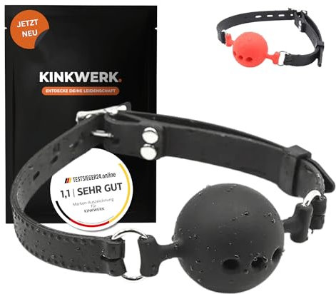 KINKWERK Mundknebel aus Silikon mit Luftlöchern | Knebel | Verstellbarer Ball Gag für Sexspiele & BDSM (Schwarz, L / ⌀ 5 cm)