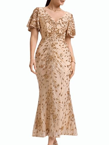 Ever-Pretty Women's Maxi Formal Evening Gowns V-Neck Tulle Sequin Dresses Bodycon Gorgeous Mother of Bride Dress 02370 Gold US18