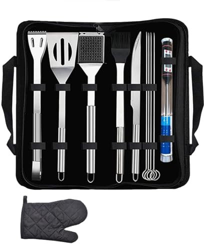 Grillverktygsset I Rostfritt Stål, 11-delat Grilltillbehörsset, Grillverktyg Med Termometer, Grillutrustning För Utomhuscamping, Skållningssäkra Grillverktyg