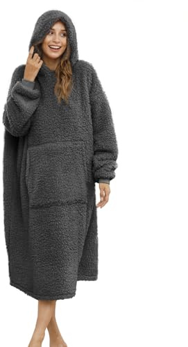 ililmmoe Sherpa Wearable Blanket Oversized Hoodie Sweatshirt TV Blanket with Long Sleeves and Pocket-DarkGray