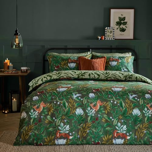 furn. Set copripiumino Into The Woods - Set di biancheria da letto reversibile in misto cotone con motivo animali del bosco (Verde Foresta - Super King)