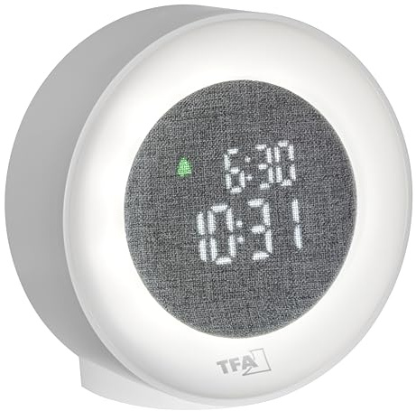 TFA Dostmann 60.2047 - Despertador Digital con números LED, luz Nocturna y Despertador, con Fecha, Funda de Tela, Funciona con Red, Alarma Despertador con función de repetición, Color Blanco