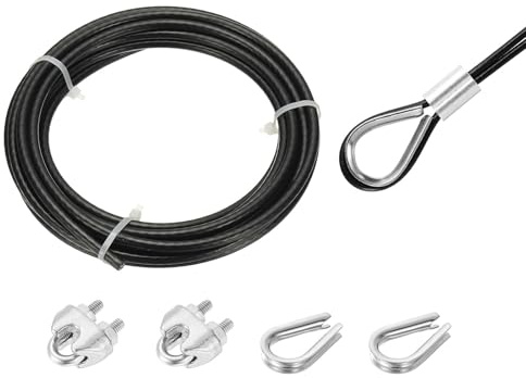 sourcing map 16ft Wire Rope 304 Stainless Steel Cable, 5mm(3/16) Vinyl Coated with 2pcs Screw Chuck and Thimble for Railing, Decking, Hanging, Clothes Lines, Black 5m