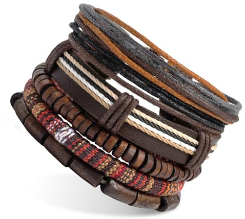 ACKKOR 5 Pcs Multi Layer Cowhide Bracelet, Mens Beaded Bracelet Wooden Bead Designs Boho Style African Aesthetic Fashionable Mens Jewellery