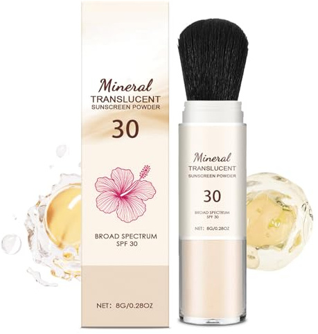 EONFAVE Polvo protector solar SPF 30 con pincel, polvo transparente para la cara, polvo de fijación mate con control de aceite, polvo de maquillaje para viajes
