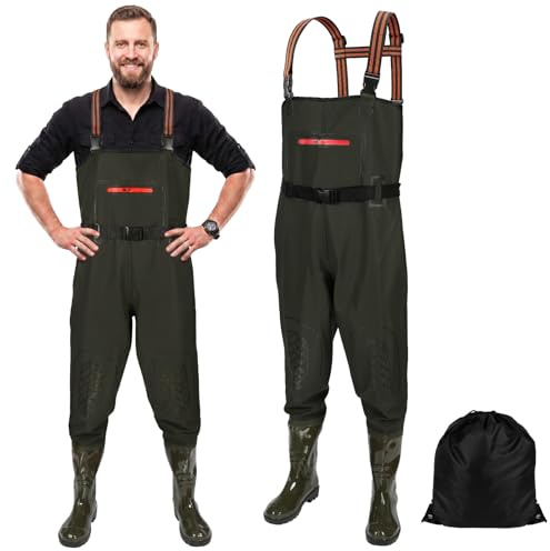 AUYAO Chest Waders with Boots Unisex Fishing Waders Waterproof Bootfoot Thigh Wader with Adjustable Suspenders Chest Pants Overalls With Boots Set Lightweight Trousers Suit for Carp Coarse Pond