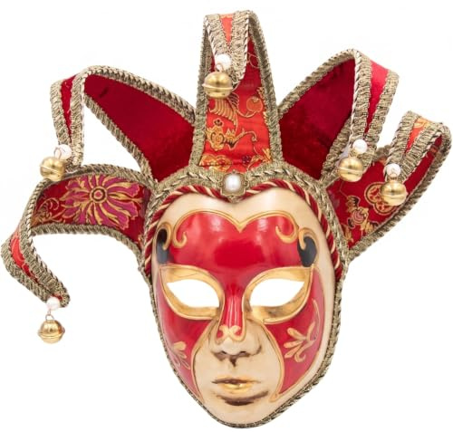 Imooreshine Jester-mask, venetiansk mask för hela ansiktet, maskerad för män med guldmönster och klockor – röd