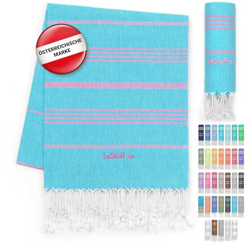 LeStoff Hamamtuch - 100% Bio-Baumwolle, 95 x 180 cm, Vorgewaschen, Saugstark, Schnelltrocknend, Leicht, Kompakt, Sandfrei, Strandtuch, Reisehandtuch, Badetuch, Handtuch groß, Liegetuch (Aqua - Pink)