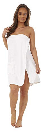 Ladies Towel Wrap 100% Cotton Highly Absorbent Terry Soft Sarong Towel Shower Spa Sauna Beach Gym Towelling Robe Cover-Up (White, L/XL)