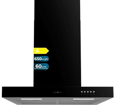 Cecotec Campana Extractora 60 cm Tipo T Bolero Flux TM 606500 Black A. Motor 165W, Acabado en Negro, Succión 650m3/h, Control Mecánico, 3 Niveles de Potencia, Luz y Filtro de Carbono