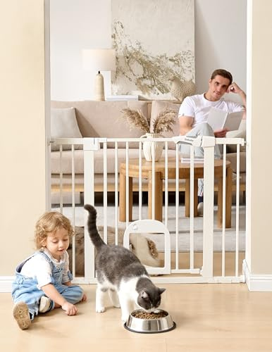 Babelio Baby Gate with Adjustable Cat Door,29-43 Auto Close Durable Pet door for Stairs,Doorways and House,Pressure Mounted,Easy Install,Effortless Walk Thru,White