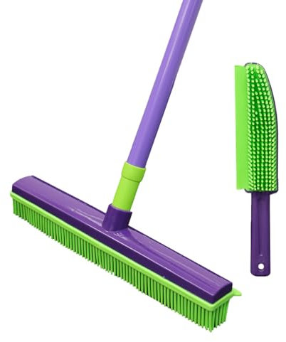 UR CHOICE Extendable Rubber Broom Pet Hair Remover Set, Long Handle Carpet Rake with Squeegee Edge and Rubber Hand Brush, Fur Remover for Carpets Rugs Hard Floors Windows and Car